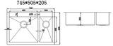 745x505mm Handmade Stainless Steel Topmount Kitchen Sink with Waste
