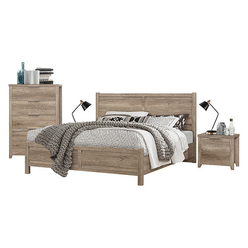 3 Pieces Bedroom Suite Natural Wood Like MDF Structure Double Size Oak Colour Bed, Bedside Table