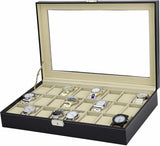 Watch Box - 24 Slot Luxury Display Case With Framed Glass Lid