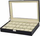 Watch Box - 24 Slot Luxury Display Case With Framed Glass Lid