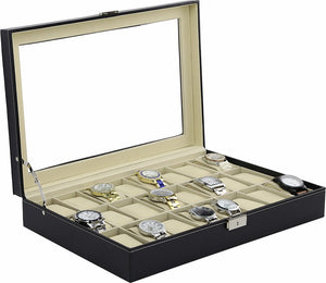 Watch Box - 24 Slot Luxury Display Case With Framed Glass Lid