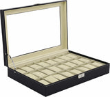 Watch Box - 24 Slot Luxury Display Case With Framed Glass Lid