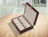 10 Grids Wooden Watch Case Glass Jewellery Storage Holder Box Wood Display