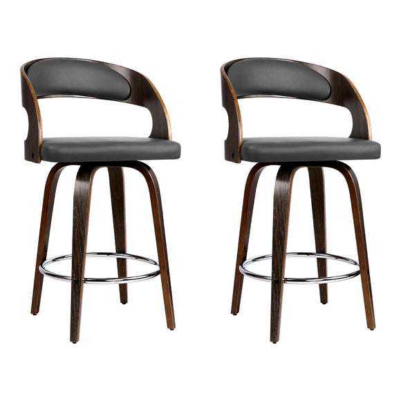 Artiss Set of 2 Walnut Wooden PU Leather Bar Stools - Grey and Walnut