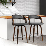 Artiss Set of 2 Walnut Wooden PU Leather Bar Stools - Grey and Walnut