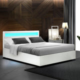 Artiss Cole LED Bed Frame PU Leather Gas Lift Storage - White Double