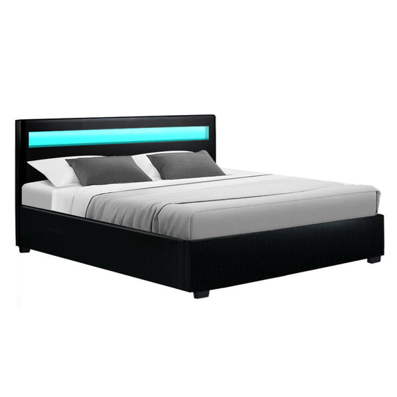 Artiss Cole LED Bed Frame PU Leather Gas Lift Storage - Black King