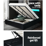 Artiss Cole LED Bed Frame PU Leather Gas Lift Storage - Black King