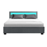 Artiss Cole LED Bed Frame Fabric Gas Lift Storage - Grey Queen