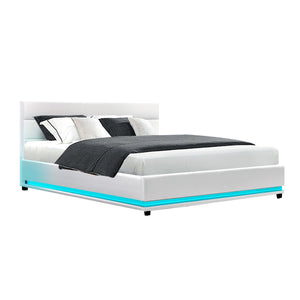 Artiss Lumi LED Bed Frame PU Leather Gas Lift Storage - White King