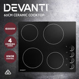 Devanti Ceramic Cooktop 60cm Electric Kitchen Burner Cooker 4 Zone Knobs Control