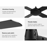 Devanti 52 inch 1300mm Ceiling Fan Wall Control 4 Wooden Blades Cooling Fans Black