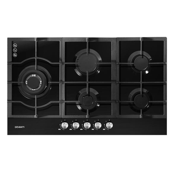 Devanti Gas Cooktop 90cm 5 Burner Stove Hob Cooker Kitchen NG LPG Black Glass