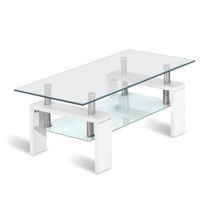 Artiss 2 Tier Coffee Table Tempered Glass Stainless Steel White