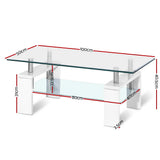 Artiss 2 Tier Coffee Table Tempered Glass Stainless Steel White