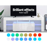 Artiss 130cm RGB LED TV Stand Cabinet Entertainment Unit Gloss Furniture Drawer Tempered Glass Shelf White