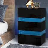 Artiss Bedside Table Side Unit RGB LED Lamp 3 Drawers Nightstand Gloss Furniture Black