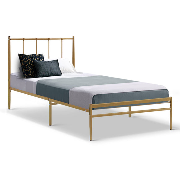 Metal Bed Frame Single Size Mattress Base Platform Foundation Wooden Gold Amor