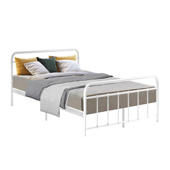 Metal Bed Frame Double Size Platform Foundation Mattress Base Leo White