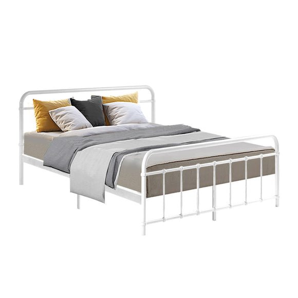 Metal Bed Frame Queen Size Platform Foundation Mattress Base Leo White