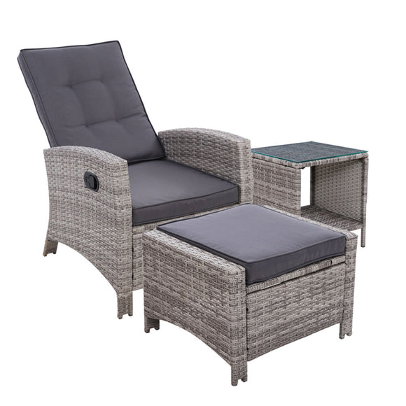 Gardeon Outdoor Setting Recliner Chair Table Set Wicker lounge Patio Furniture Grey