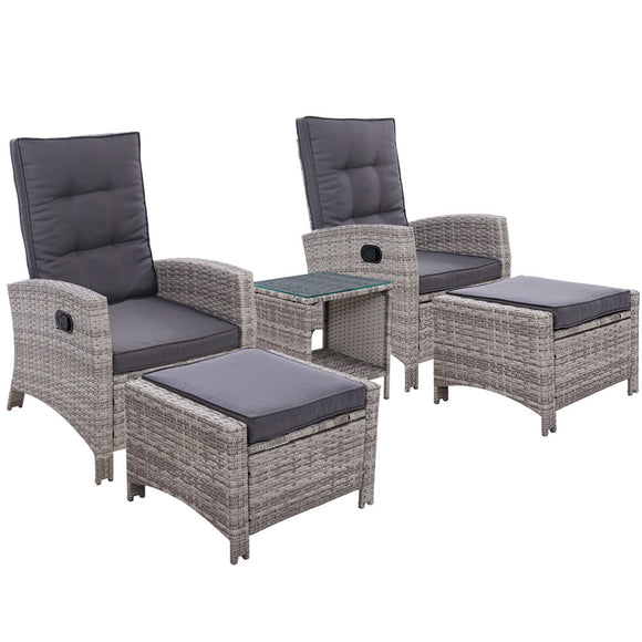 Gardeon Outdoor Patio Furniture Recliner Chairs Table Setting Wicker Lounge 5pc Grey