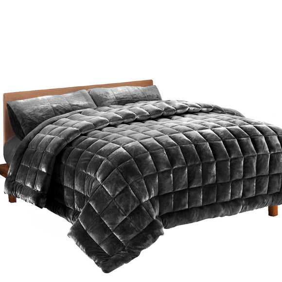 Giselle Bedding Faux Mink Quilt Fleece Throw Blanket Comforter Charcoal King