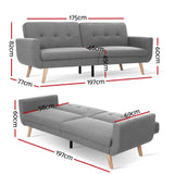 Artiss Sofa Bed Lounge Set Couch Futon 3 Seater Fabric Reliner 197cm Grey