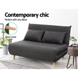 Sofa Bed Lounge Adjustable Seater Futon Couch Linen Fabric Wood Legs Dark Grey