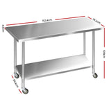 Cefito 1524 x 762mm Commercial Stainless Steel Kitchen Bench with 4pcs Castor Wheels