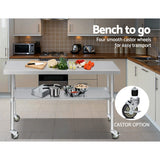 Cefito 1524 x 762mm Commercial Stainless Steel Kitchen Bench with 4pcs Castor Wheels