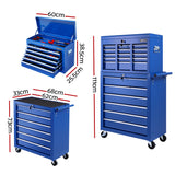 Giantz 15 Drawers Tool Box Chest Trolley Cabinet Garage Storage Boxes Organizer Blue