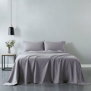 Royal Comfort Vintage Washed 100% Cotton Sheet Set Fitted Flat Sheet Pillowcases Double Grey