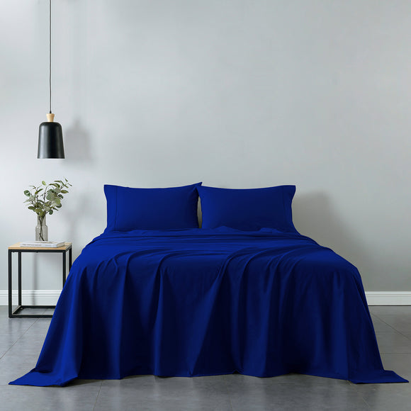 Royal Comfort Vintage Washed 100% Cotton Sheet Set Fitted Flat Sheet Pillowcases King Royal Blue