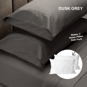 Royal Comfort 4 Piece 1500TC Sheet Set And Goose Feather Down Pillows 2 Pack Set Double Dusk Grey