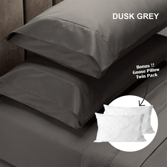 Royal Comfort 4 Piece 1500TC Sheet Set And Goose Feather Down Pillows 2 Pack Set Double Dusk Grey