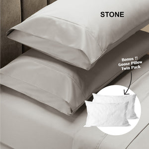 Royal Comfort 4 Piece 1500TC Sheet Set And Goose Feather Down Pillows 2 Pack Set Queen Stone