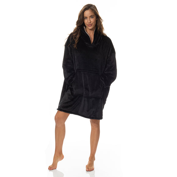 Royal Comfort Snug Hoodie Nightwear Super Soft Reversible Coral Fleece 750GSM One Size Black