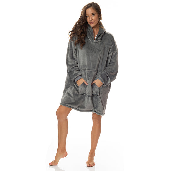 Royal Comfort Snug Hoodie Nightwear Super Soft Reversible Coral Fleece 750GSM One Size Grey