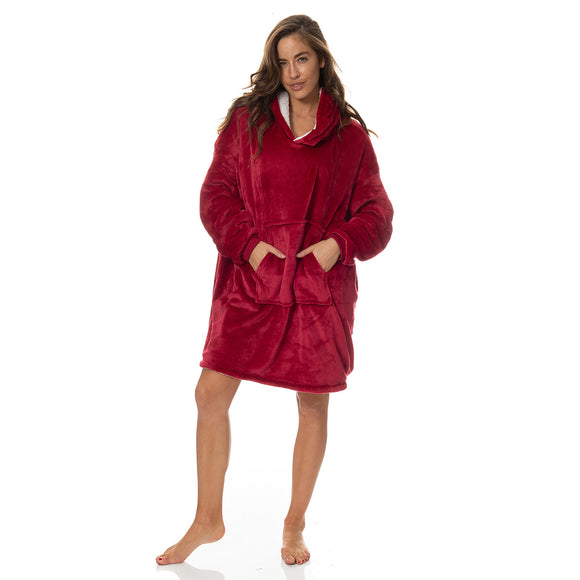 Royal Comfort Snug Hoodie Nightwear Super Soft Reversible Coral Fleece 750GSM One Size Red