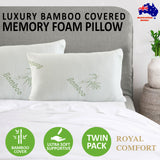 Royal Comfort Luxury Bamboo Covered Memory Foam Pillow Twin Pack Hypoallergenic 56 x 36 x 10 cm White, Green