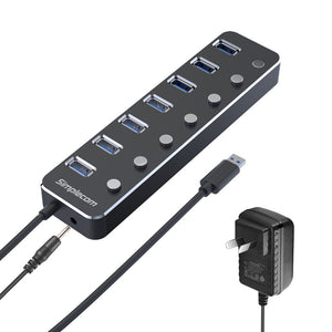 Simplecom CH375PS Aluminium 7 Port USB 3.0 Hub with Individual Switches and Power Adapter