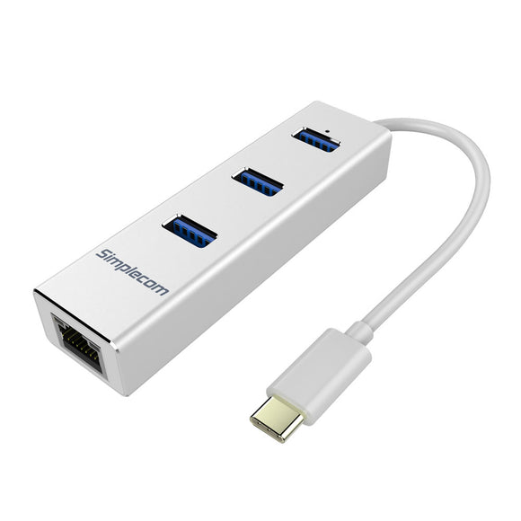 Simplecom CHN411 Aluminium USB Type C to 3 Port USB 3.0 Hub with Gigabit Ethernet Adapter Silver