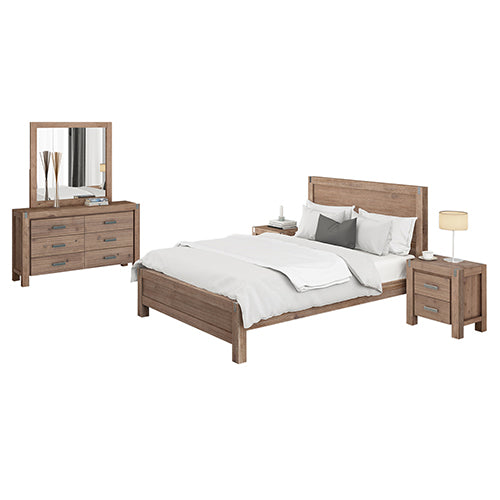 4 Pieces Bedroom Suite in Solid Wood Veneered Acacia Construction Timber Slat King Size Chocolate Colour Bed, Bedside Table & Dresser