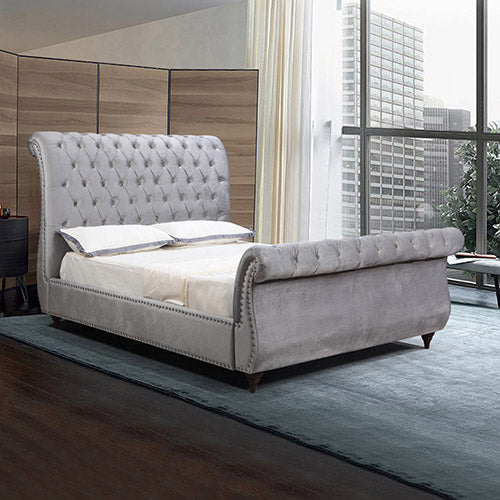 Queen Bed Frame Upholstery Velvet Fabric in Grey with Tufted Headboard Sleigh Bed