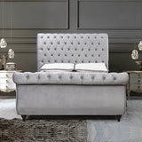 Queen Bed Frame Upholstery Velvet Fabric in Grey with Tufted Headboard Sleigh Bed