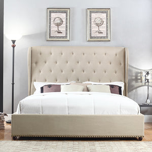 Bed Frame Queen Size in Beige Fabric Upholstered French Provincial High Bedhead