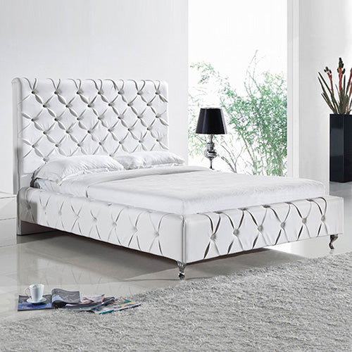 Queen Size Bed Frame in White Faux Leather Crystal Tufted High Bedhead Bentwood Slat