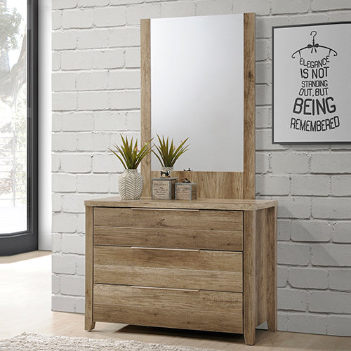 Dresser with 3 Storage Drawers in Natural Wood like MDF in Oak Colour with Mirror