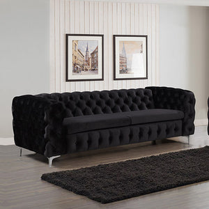 3 Seater Sofa Classic Button Tufted Lounge in Black Velvet Fabric with Metal Legs